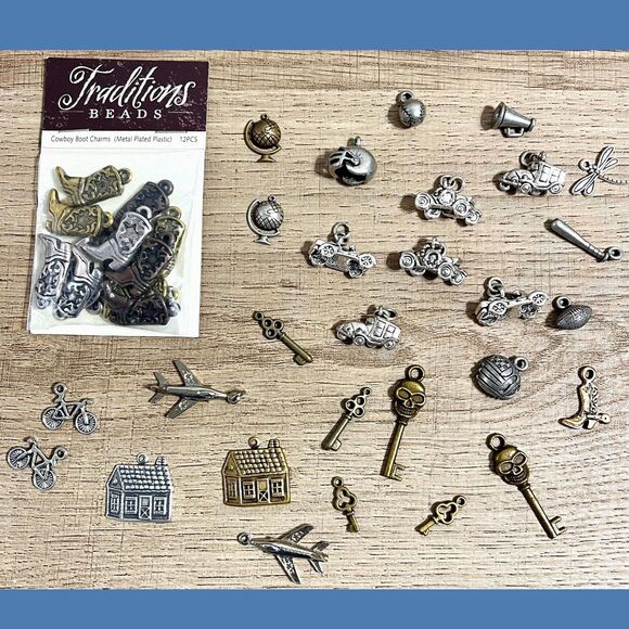 Lot Charms Jewelry Scrapbooking Classic Car Airplane Sports Boots Keys Metallic - Picture 14 of 14